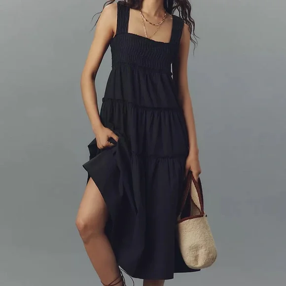 Anthropologie Helena Square-Neck Smocked Tiered Midi Dress - Picture 2 of 4